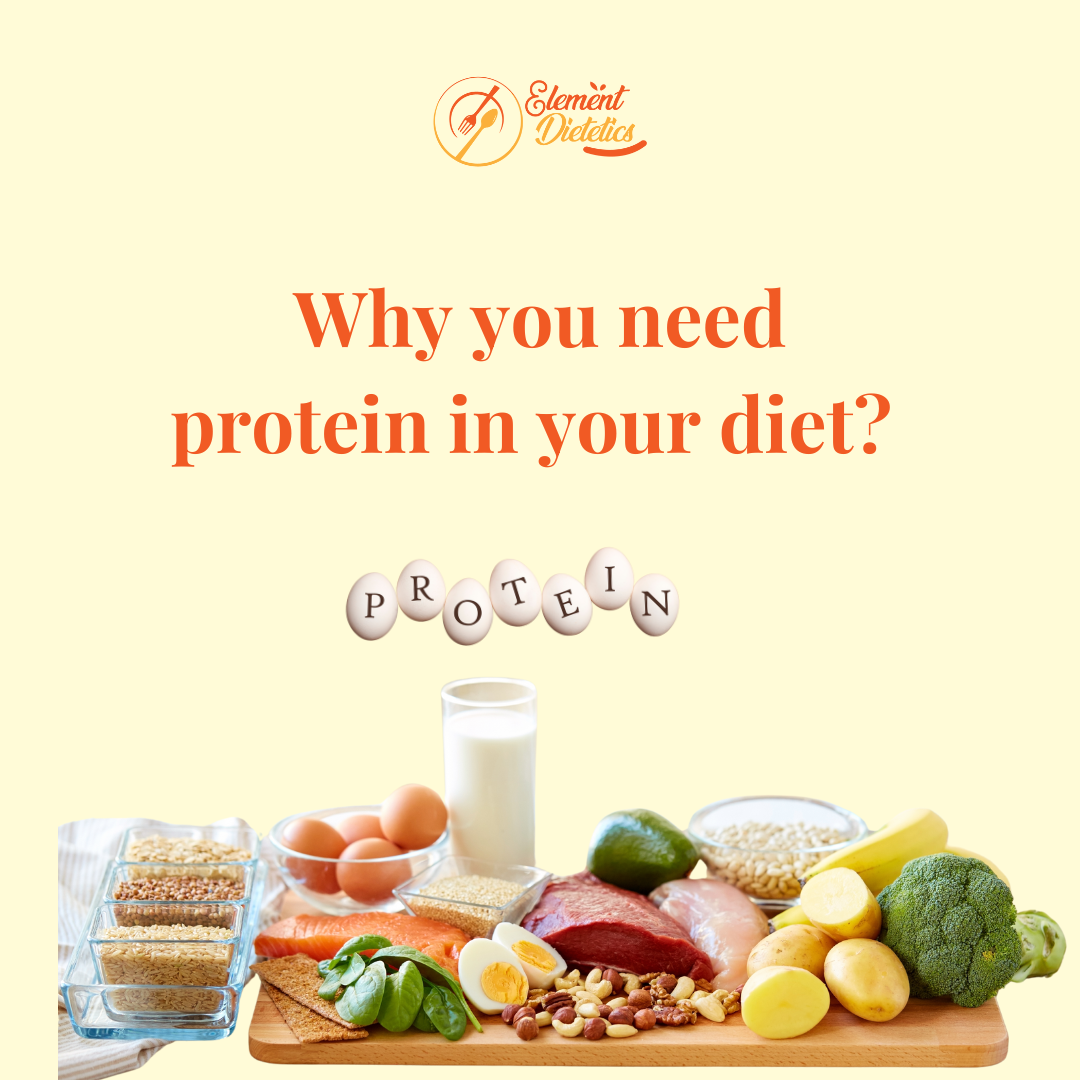 Collage with text "Why you need protein in your diet?" above a selection of protein-rich foods like eggs, nuts, milk, salmon, chicken, broccoli, avocado, and grains on a wooden board.