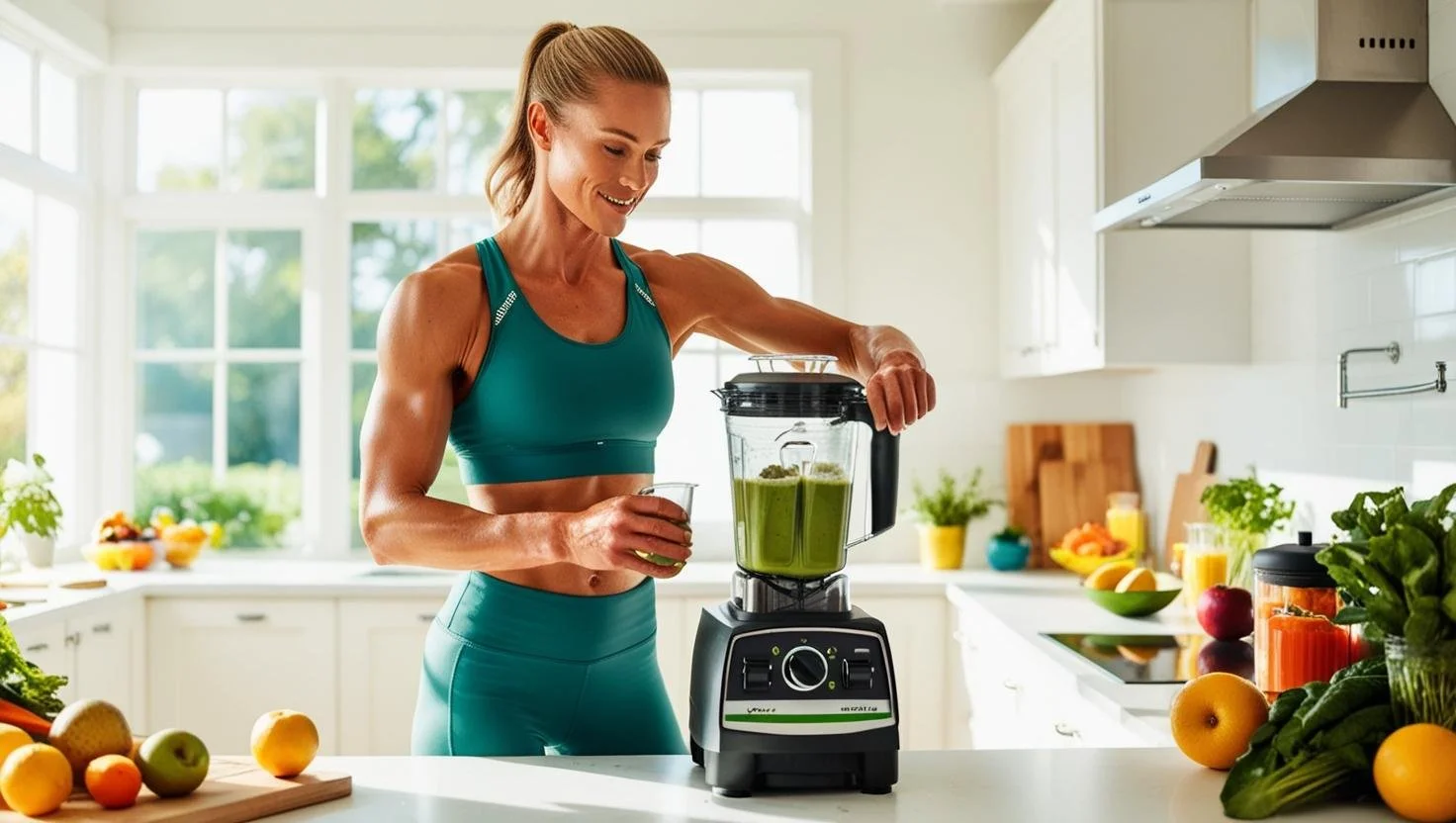 Woman in athletic wear making a green smoothie using a blender in a bright kitchen.