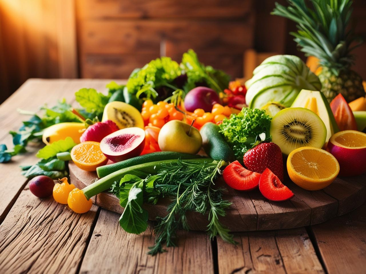 Assorted fruits and vegetables on a wooden table, including strawberries, oranges, kiwi, lettuce, carrots, pineapple, and more. Sunlight illuminates the scene, creating a vibrant and fresh appearance.