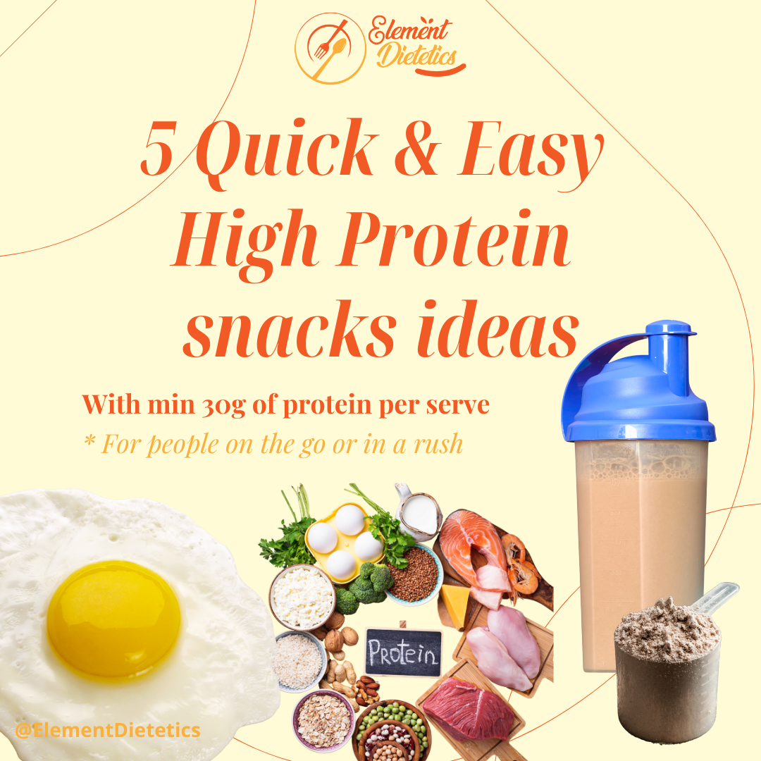 Promotional graphic titled "5 Quick & Easy High Protein Snacks Ideas" featuring various protein-rich foods, including eggs, nuts, chicken, fish, legumes, a protein shaker bottle, and a scoop of protein powder. Includes a tagline emphasizing protein content for on-the-go individuals.