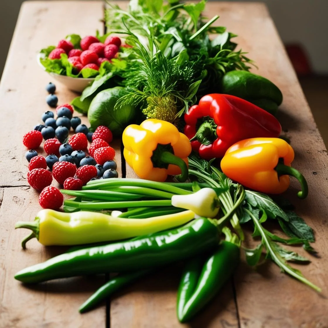 Assorted fresh vegetables and fruits on a wooden table, including bell peppers, green chili peppers, spring onions, leafy greens, raspberries, blueberries, and strawberries.