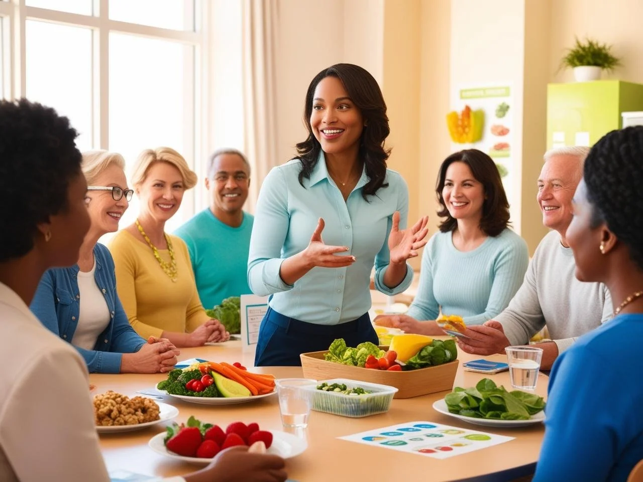 Group of diverse adults in a classroom setting discussing healthy eating, surrounded by fresh fruits and vegetables on a table.