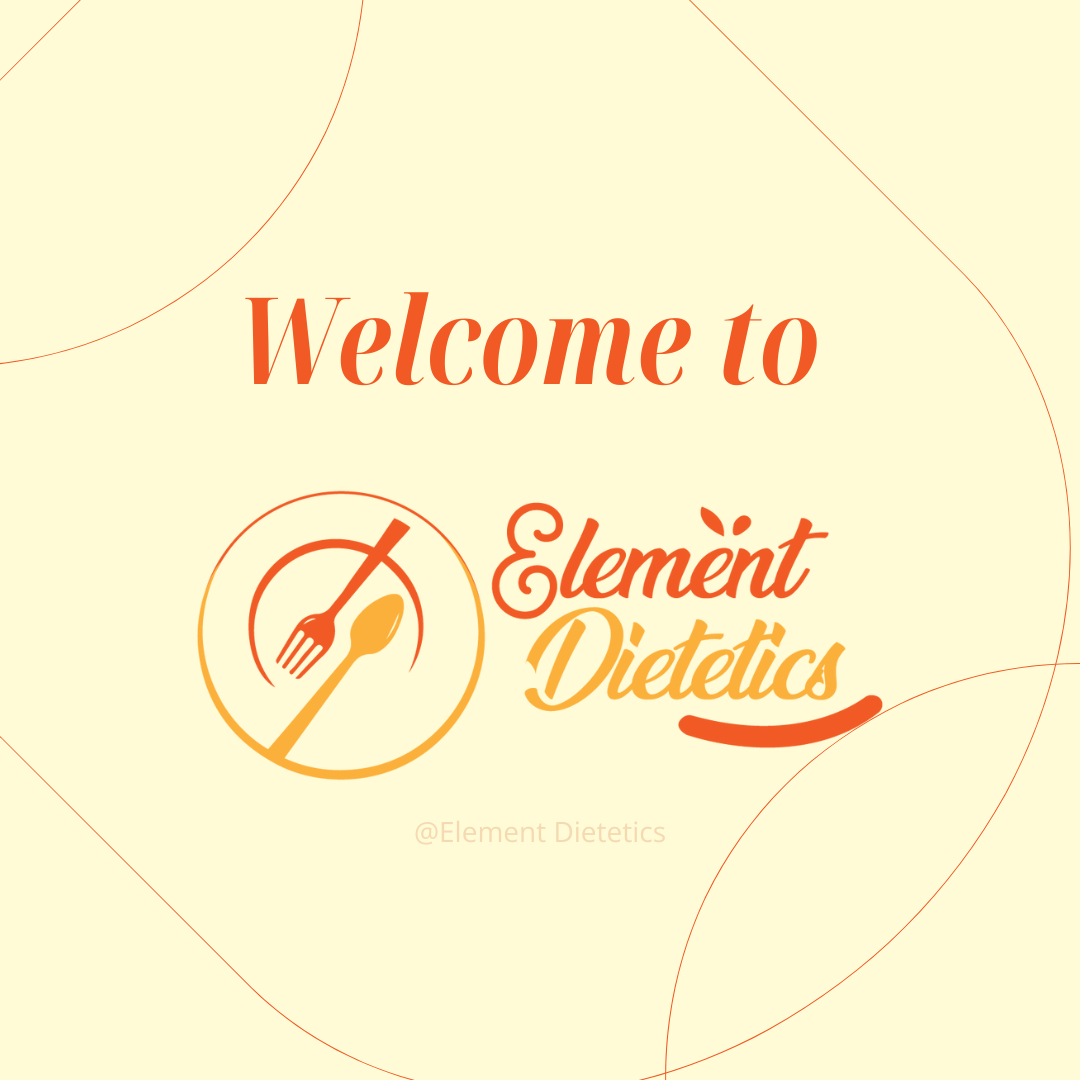 "Welcome to Element Dietetics" text with a fork and spoon logo on a light background.