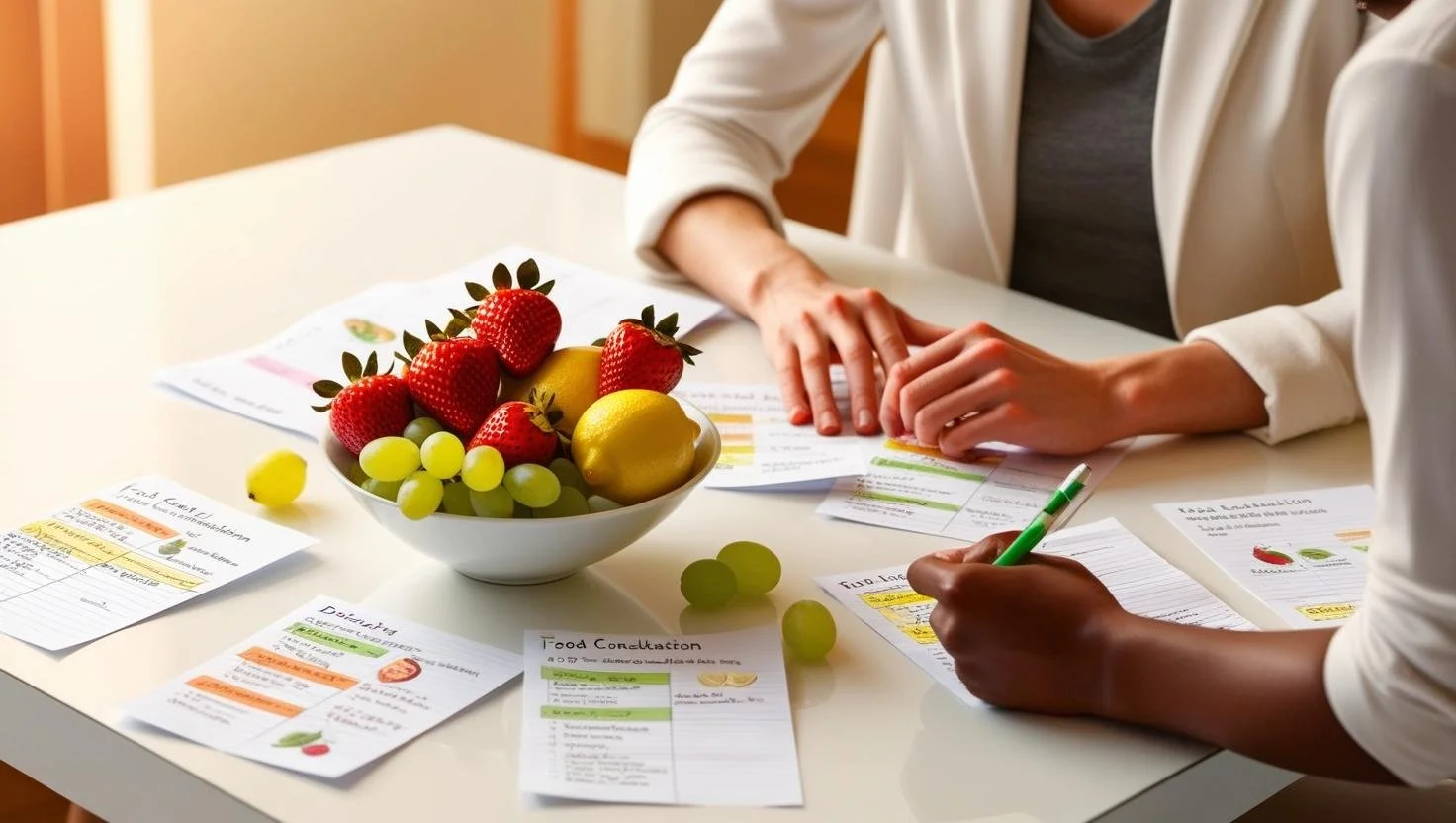 Two people at a table with fruit and nutrition documents