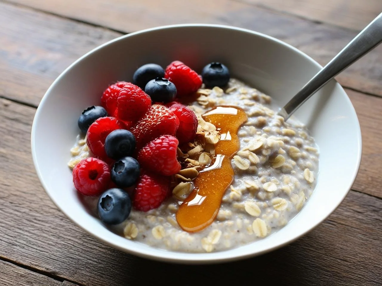 Bowl of oatmeal topped with raspberries, blueberries, granola, and honey drizzle on a wooden table.