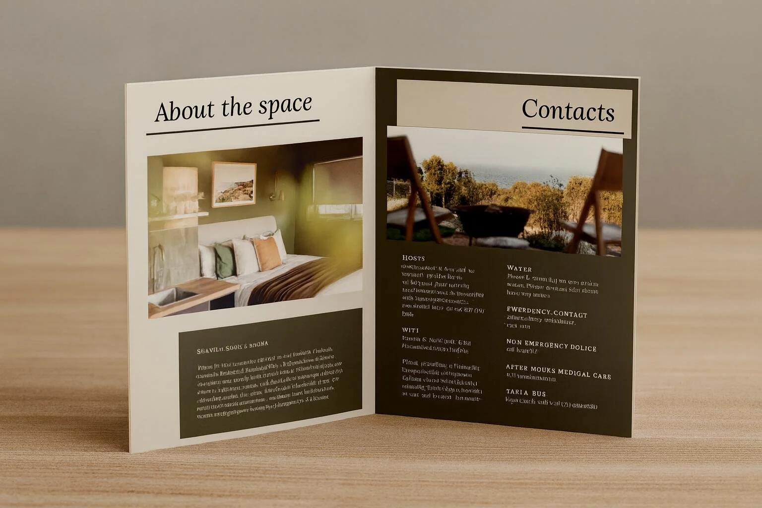 A folded brochure for an AirBnb Compendium in Binalong Bay, with pages titled "About the space" and "Contacts" showing interior decor and outdoor scenery.