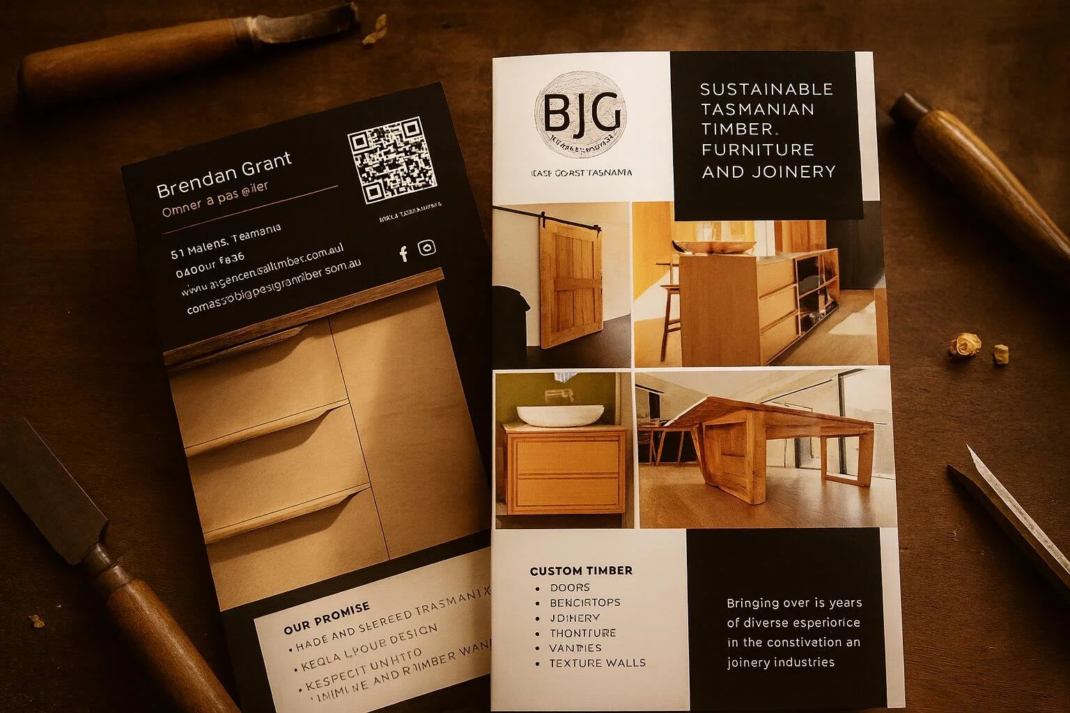 A flyer for a furniture company called BJG Designs In Timber based on the East Coast of Tasmania featuring images of wooden furniture and custom timber services, alongside a business card for Brendan Grant with contact information and a QR code.