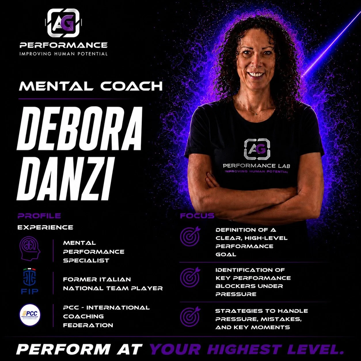 MENTE. PERFORMANCE. ELITE. 🧠⚡

All&rsquo;interno del pacchetto &Eacute;lite AG, gli atleti avranno accesso anche alla nostra Mental Coach Debora Danzi, ex giocatrice professionista della Nazionale Italiana.

Un percorso pensato per atleti che voglio