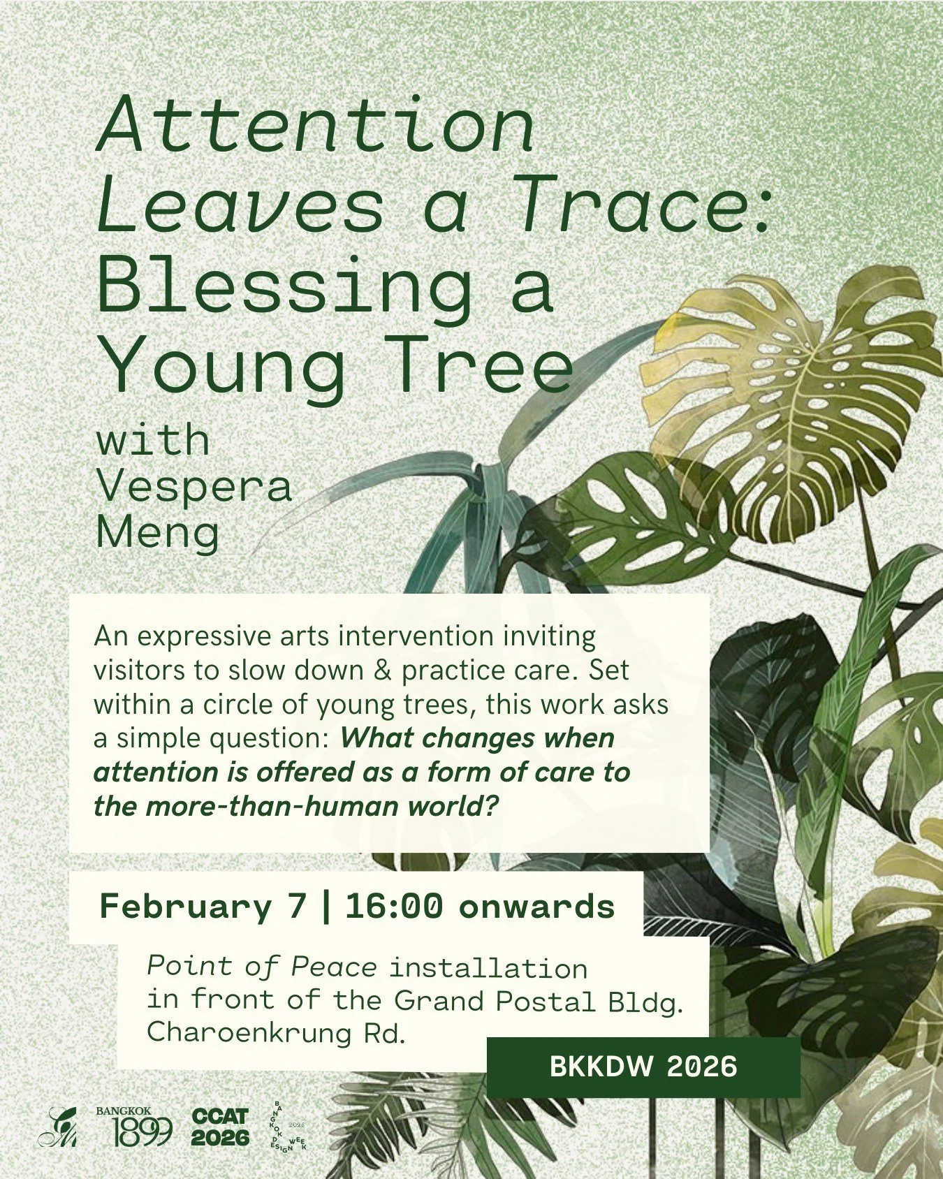 Attention Leaves a Trace: Blessing a Young Tree with Vespera Meng

An expressive arts intervention inviting visitors to slow down and practice care.

Set within a circle of young trees, this work asks a simple question: What changes when attention is