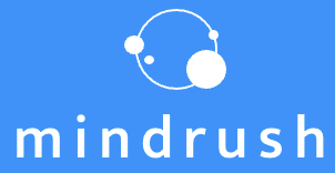 Logo de Mindrush avec un fond bleu et une icône d'atomes stylisé.