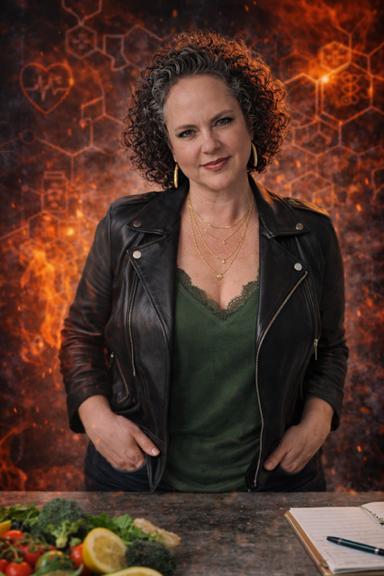 A woman with curly hair wearing a black leather jacket, green top, and gold jewelry, standing in front of a fiery, tech-themed digital background with health icons, next to a table with fresh vegetables and a notebook.