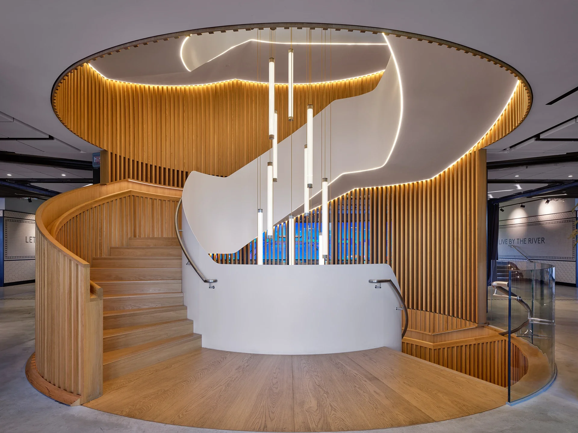 Riverside Market at Fulham Pier, main spiral staircase, Stuart Forbes Associates
