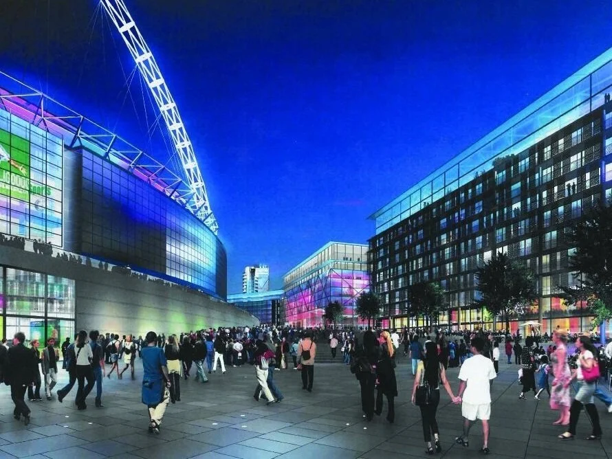 Crowd standing outside a reimagined Wembley Stadium