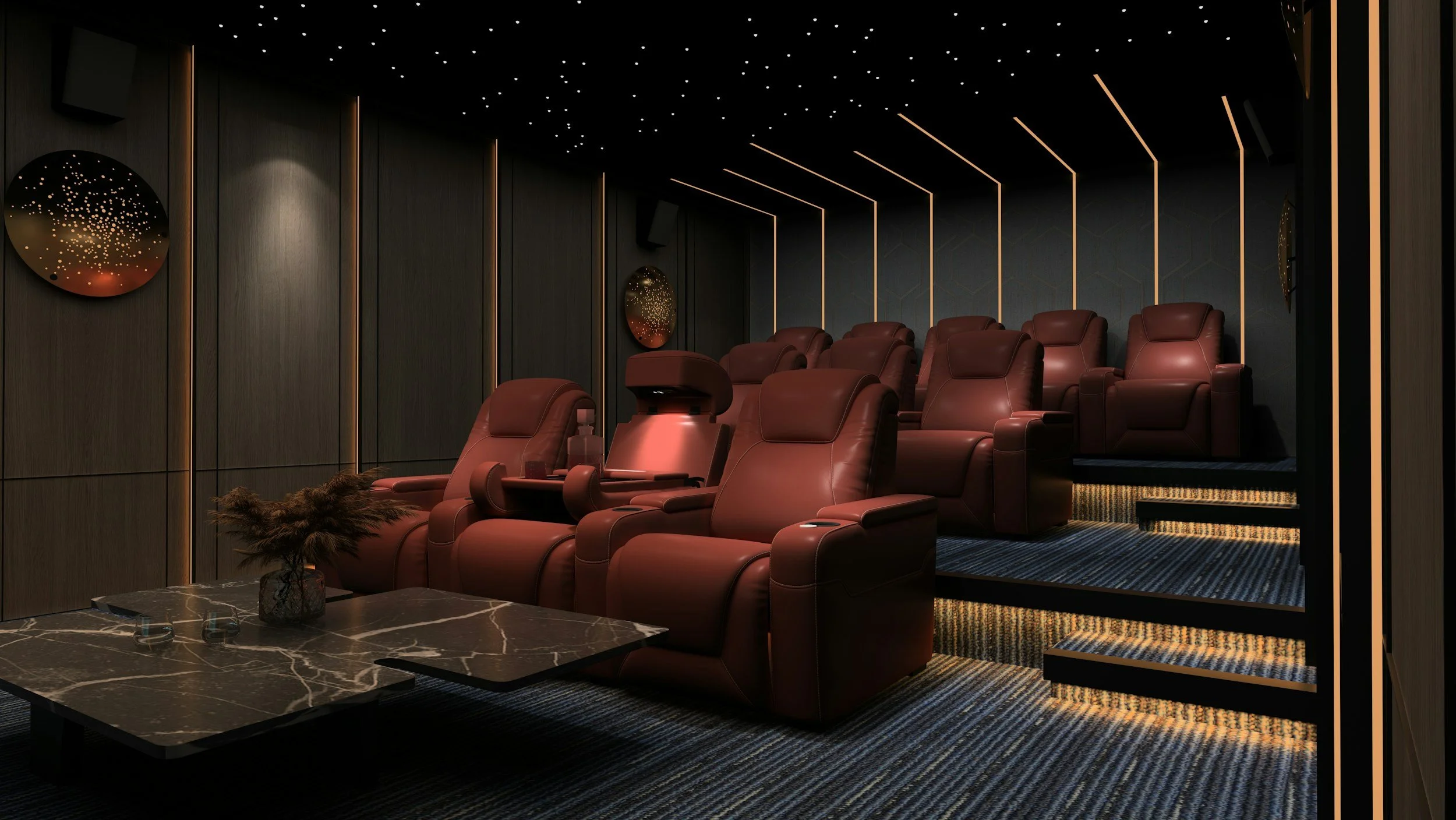 A luxury theater room with maroon recliner chairs arranged in tiered rows, a dark patterned carpet, dark wood walls with lighting accents, and a black ceiling with small star-shaped lights, and a small marble table with decorative flowers in front.