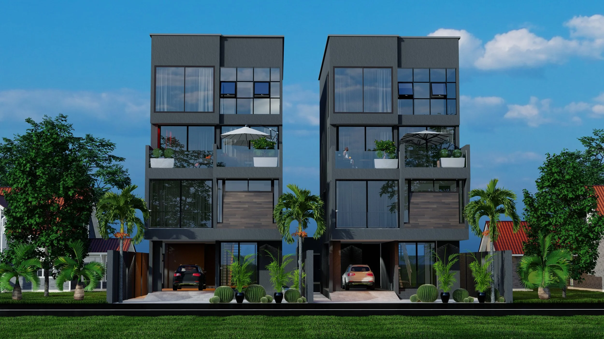 Modern multi-story residential buildings with balconies, palm trees, and landscaping in front, under a partly cloudy sky.