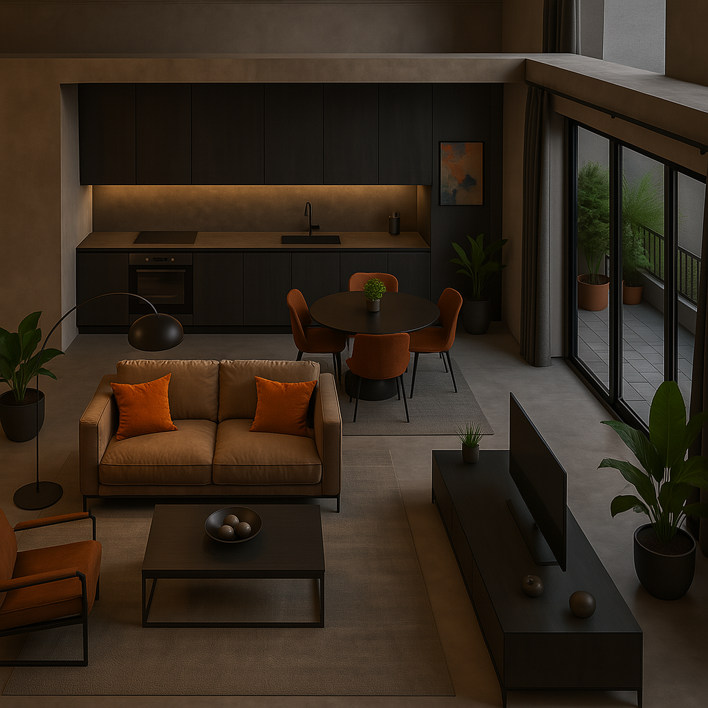Modern living room with a beige sofa, orange pillows, a black coffee table with decorative balls, a black entertainment unit with a TV, and large glass sliding doors leading to a balcony with potted plants.