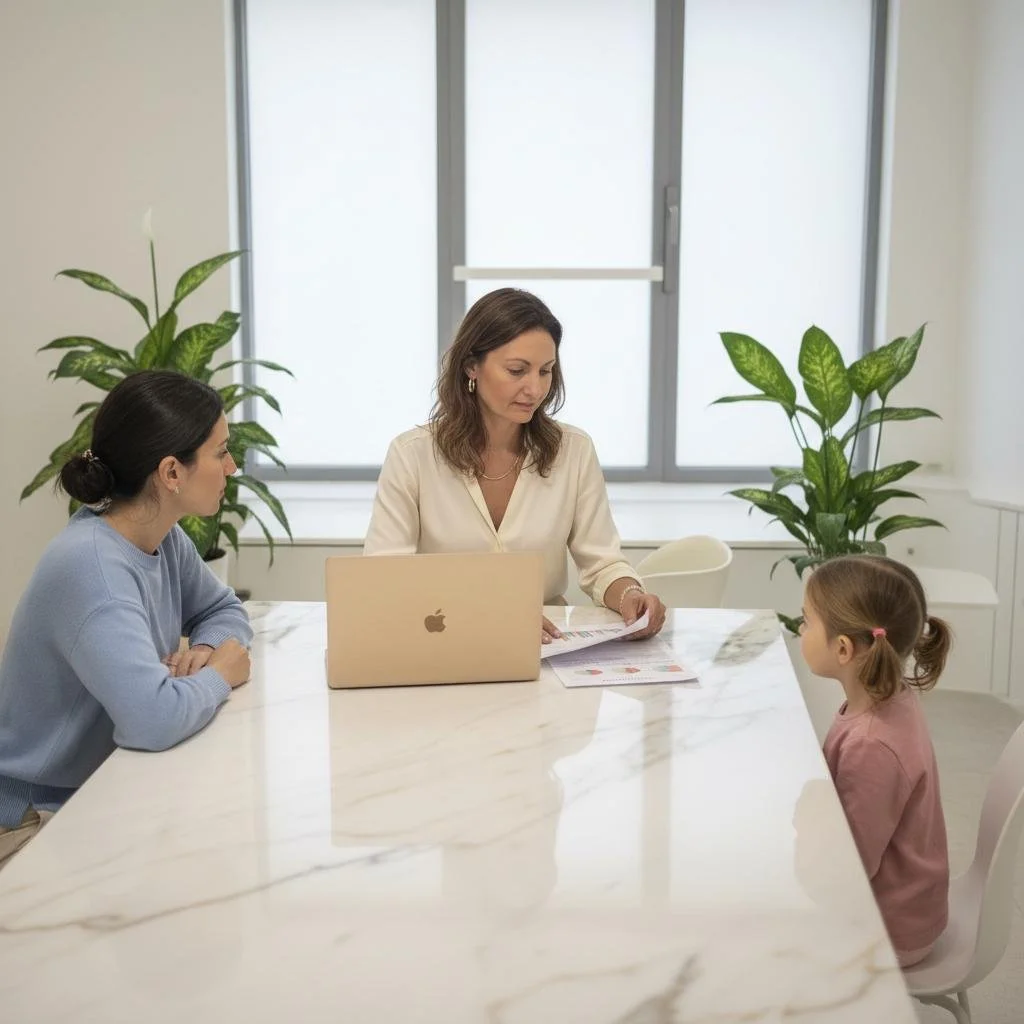 A woman and a young girl sitting at a large white table having a conversation, with another woman on the opposite side, in a bright room with large windows and green plants.