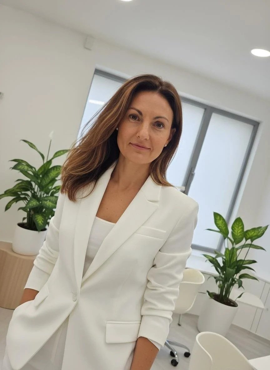 A woman wearing a white blazer in a bright, modern office with potted plants and large windows.