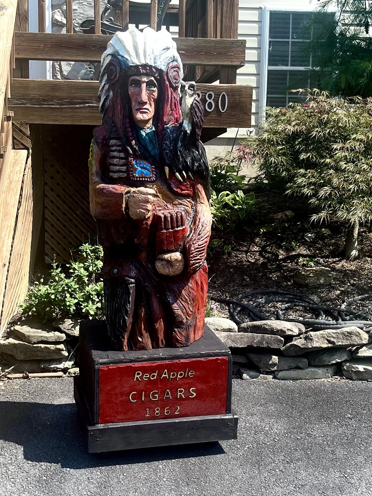 Howling Owl, my Cigar store Indian, he is one of my chainsaw carvings. {not for sale} he is a Permanent Studio Resident.  