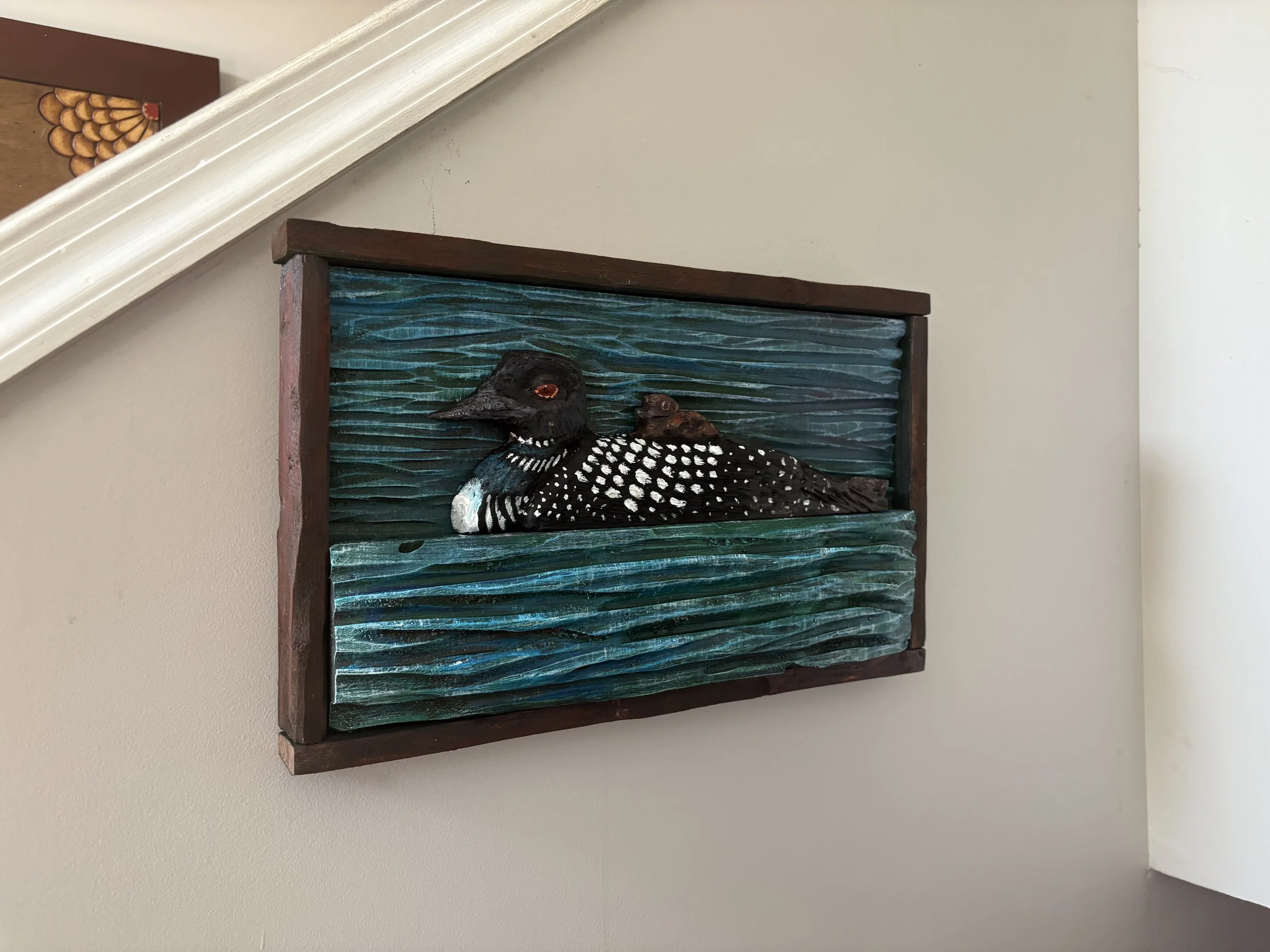 Loon With Baby on Board 
wood carving acrylic painted.