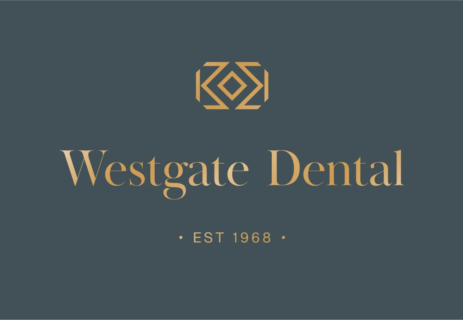 Logo and name of Westgate Dental, established in 1968, on a dark background with a geometric symbol above the text.