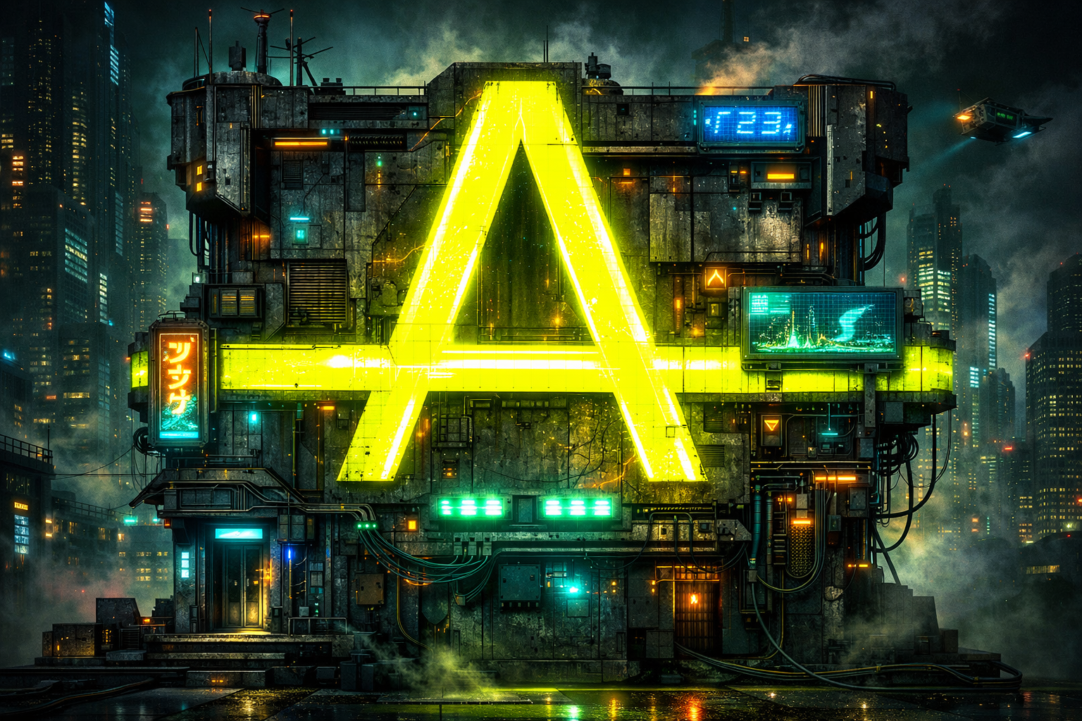 Futuristic building with a large illuminated AmberLine Imagemark in the center, surrounded by cityscape at night.