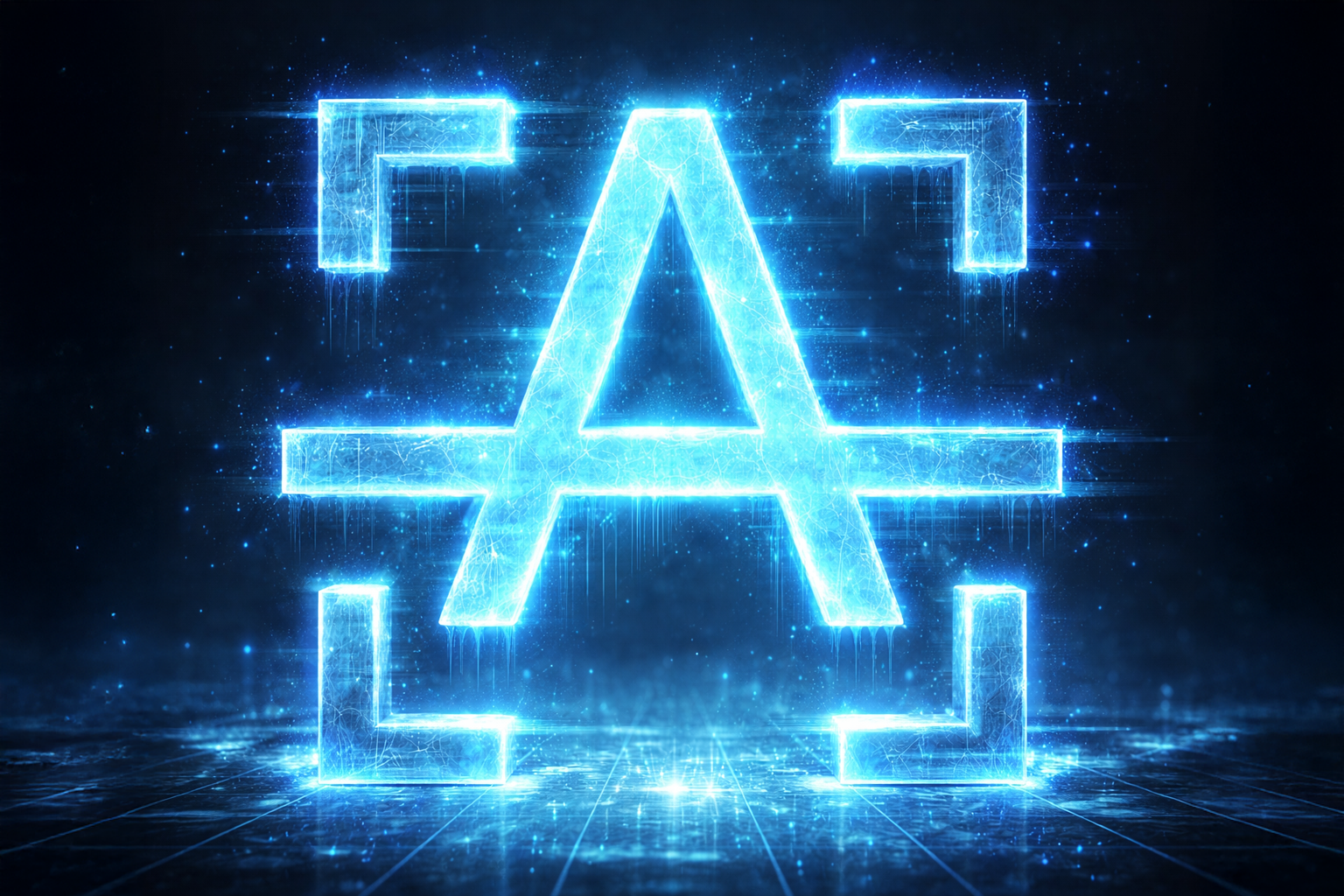 Blue neon hologram of the AmberLine Imagemark on a digital, futuristic background.