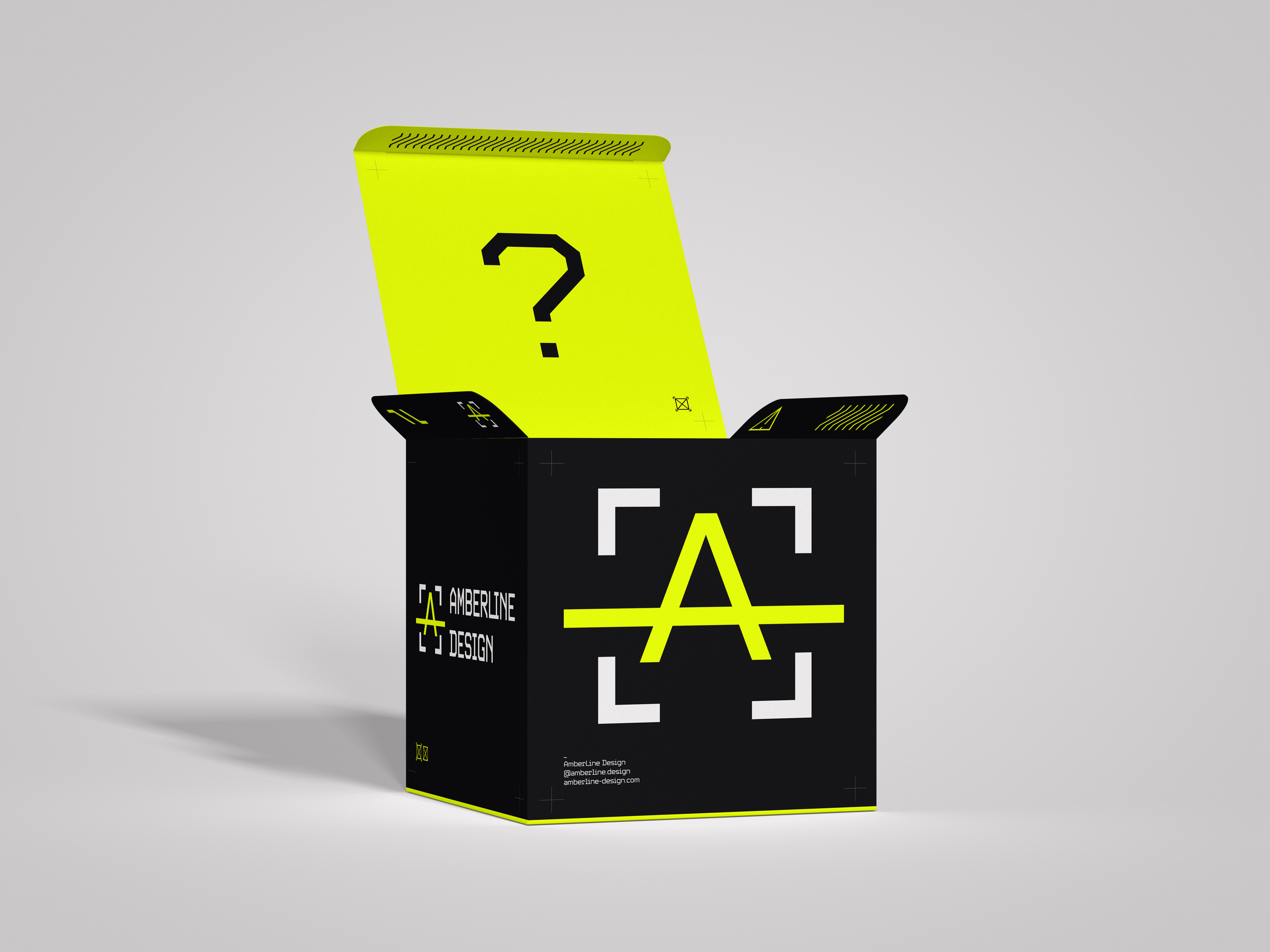 A black and yellow box with a large AmberLine Imagemark on the front, labeled 'AmberLine Design', with a yellow folder inside that has a large black question mark on it.