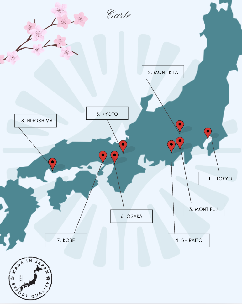 Carte du Japon avec des marqueurs indiquant huit emplacements principaux, accompagnée d'une branche de cerisier en fleurs dans le coin supérieur gauche.