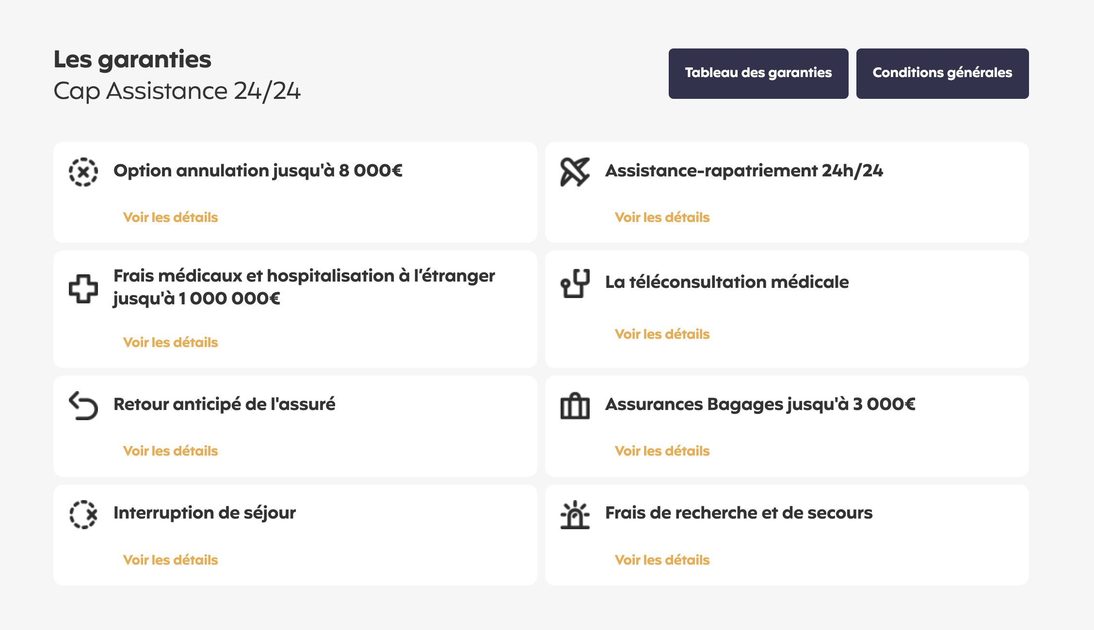 Tableau des garanties d'une assurance avec différentes options comme annulation, assistance, frais médicaux, téléconsultation, bagages, rapatriement, interruption de séjour, recherche et secours, avec liens 'Voir les détails'.