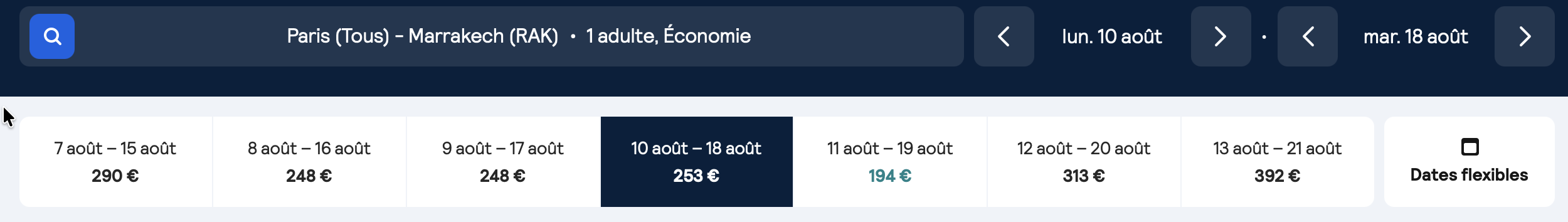 Capture d'écran d'une interface de recherche de billets d'avion pour un voyage de Paris à Marrakech, avec différentes options de dates et de prix.