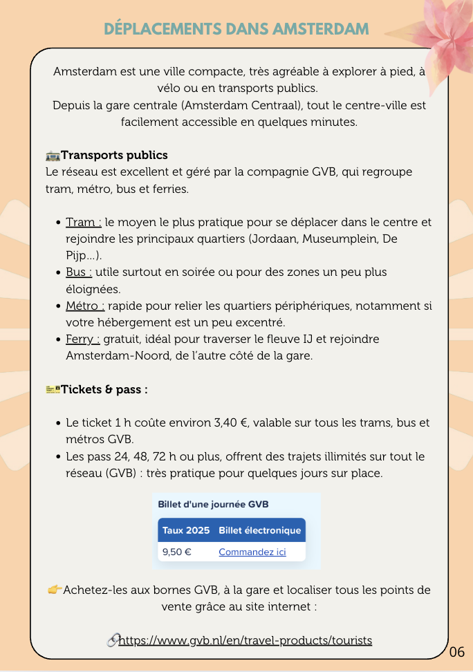 Infographie sur les déplacements à Amsterdam, incluant des informations sur les transports publics, tickets et passes, avec une illustration de billets électroniques.