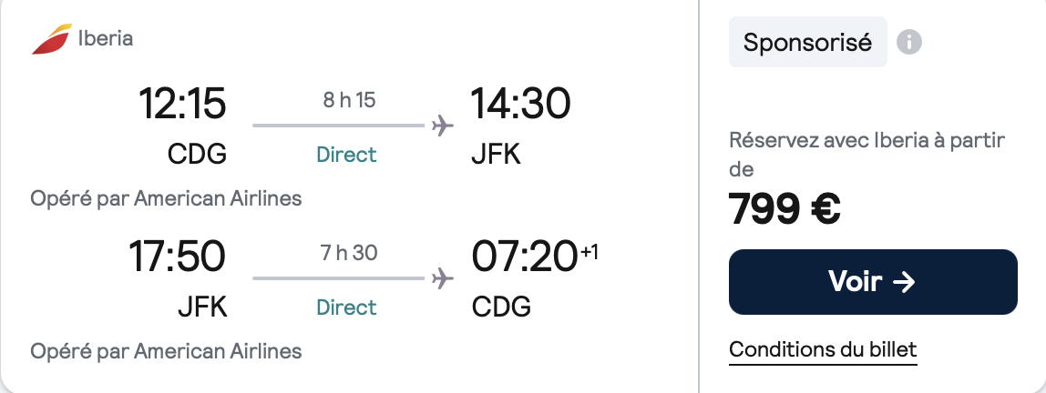 Billet d'avion pour un vol aller-retour entre CDG (Paris) et JFK (New York) avec Iberia, avec heures et prix indiqués.