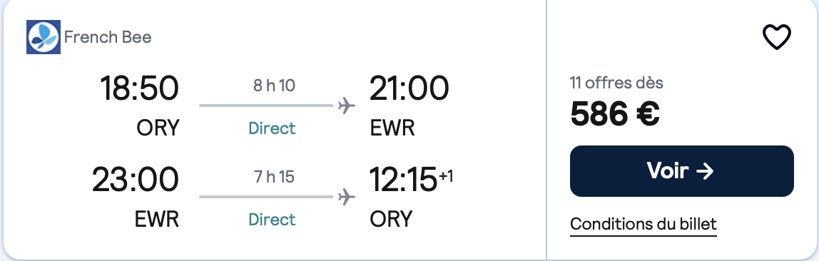 Horaires de vols entre ORY et EWR avec prix et options de réservation.