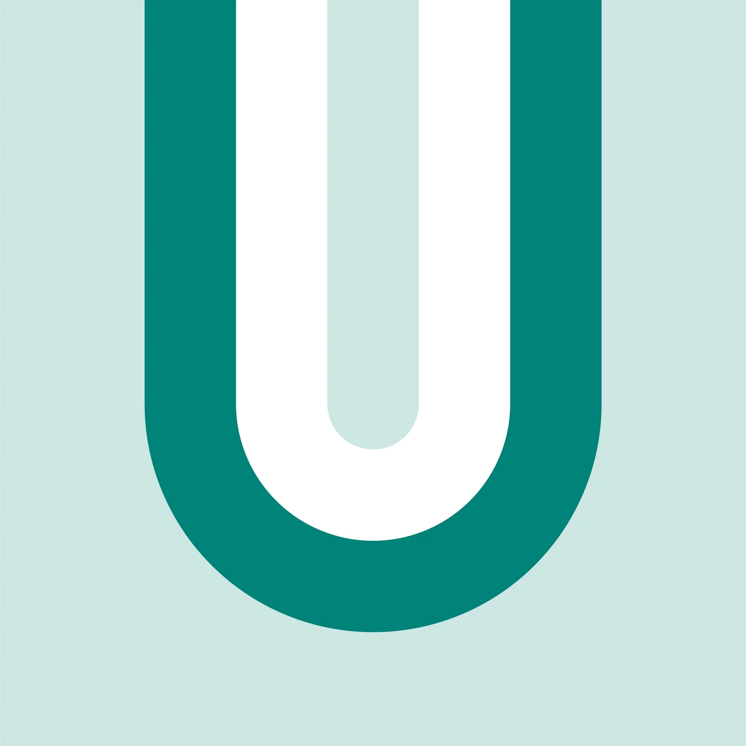 Logo plat en forme de U avec un dégradé de couleurs vertes et un fond bleu clair