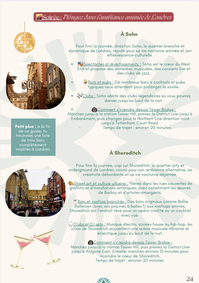 Guide touristique décrivant des activités nocturnes à Londres, notamment Soho et Shoreditch, avec des conseils pour la vie nocturne, les clubs, et les bars, ainsi que des illustrations de bars et de danseurs.