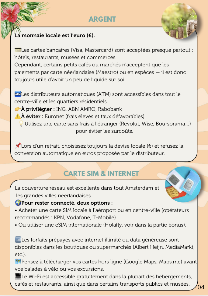 Page d'une brochure ou guide touristique avec sections sur la monnaie locale, les cartes bancaires, et internet à Amsterdam, incluant des icônes et textes explicatifs.