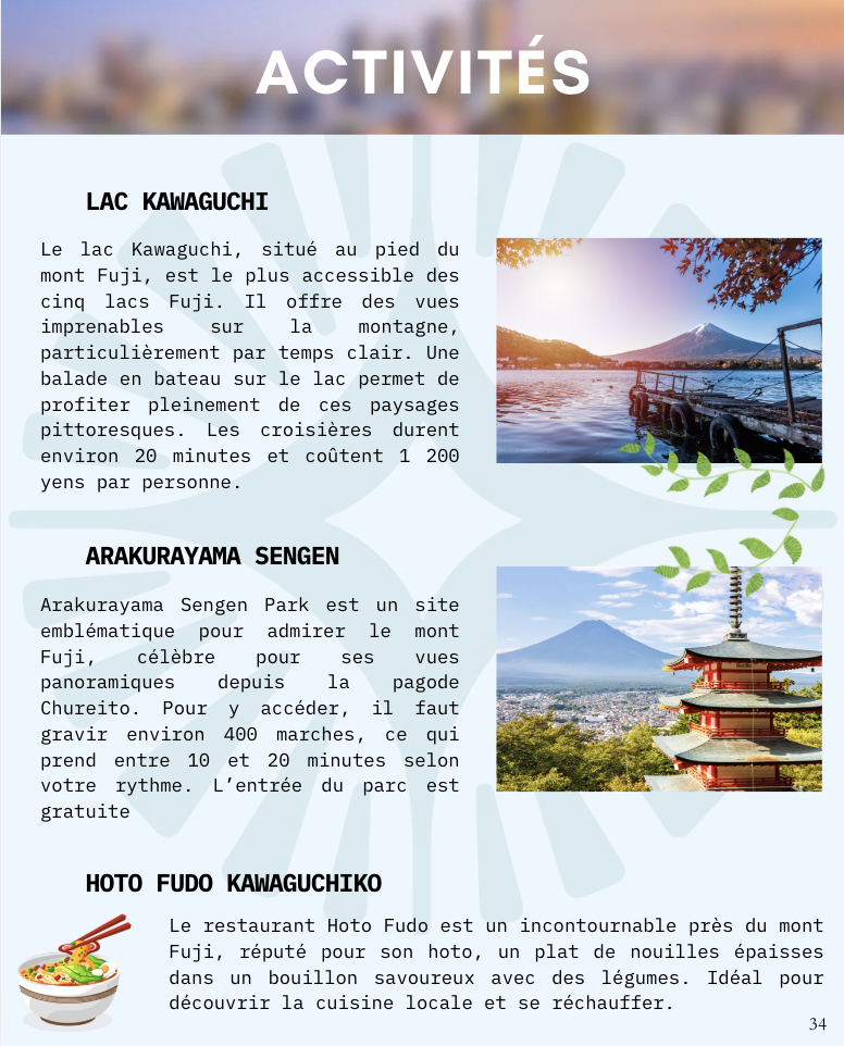 Page d'information sur des activités près du mont Fuji, incluant le lac Kawaguchi, un parc emblématique et un restaurant de sushis. Comprend des photos du mont Fuji, du lac et d'une pagode japonaise.
