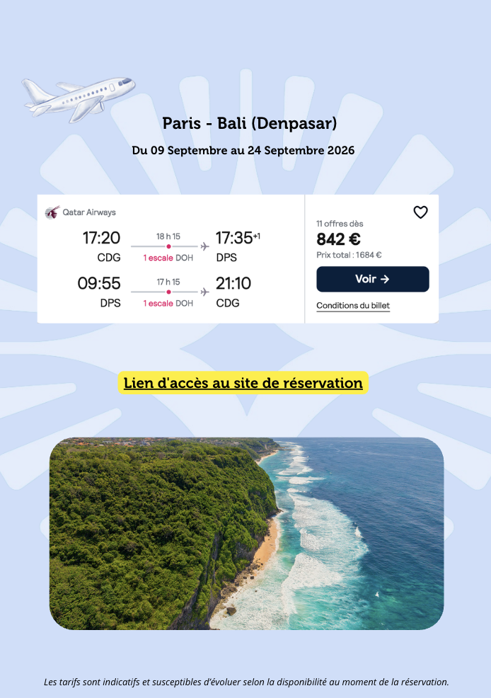 Page d'annonce pour un vol Paris-Bali avec Qatari Airways, incluant les horaires de départ et d'arrivée, le prix, un lien vers le site de réservation, et une image de la côte balinaise