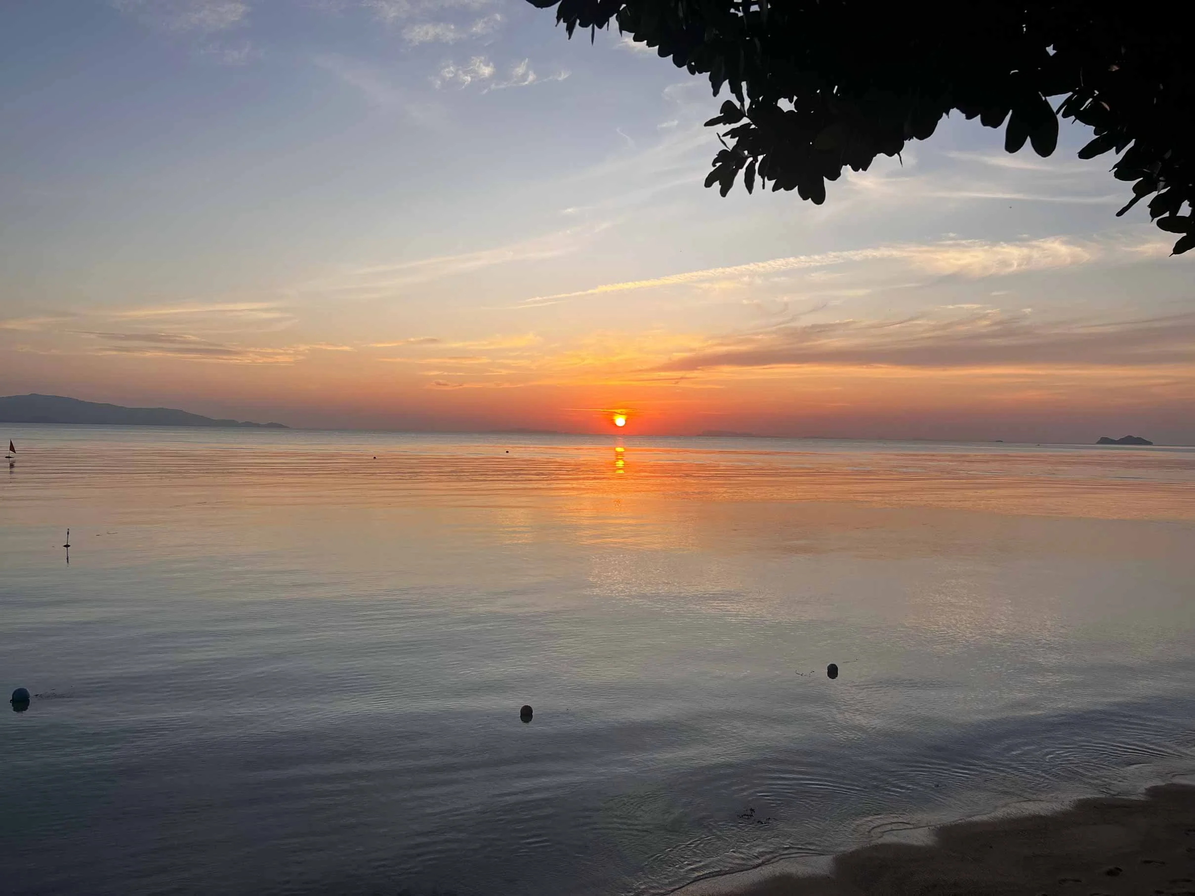 Coucher de soleil sur une mer calme avec un ciel coloré, quelques nuages et des Îles en arrière-plan, avec des arbres en premier plan