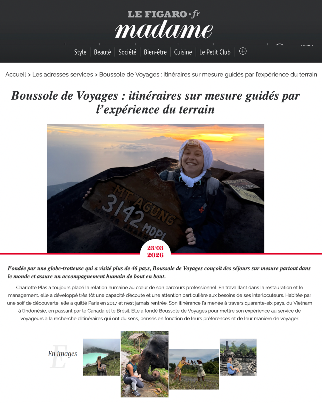 Page d'un article de magazine montrant une femme souriante au sommet d'une montagne avec un panneau indiquant l'altitude, lors d'un coucher de soleil, accompagnée de plusieurs petites images de voyage et d'aventure.