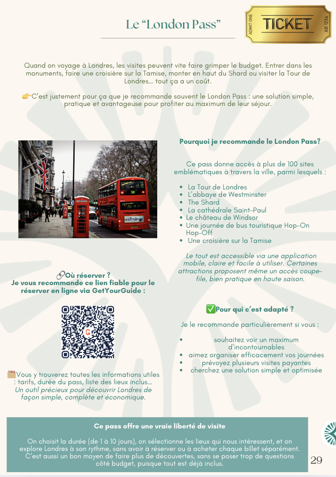 Flyer informatif sur le London Pass avec une photo de Londres et ses bus rouges emblématiques.