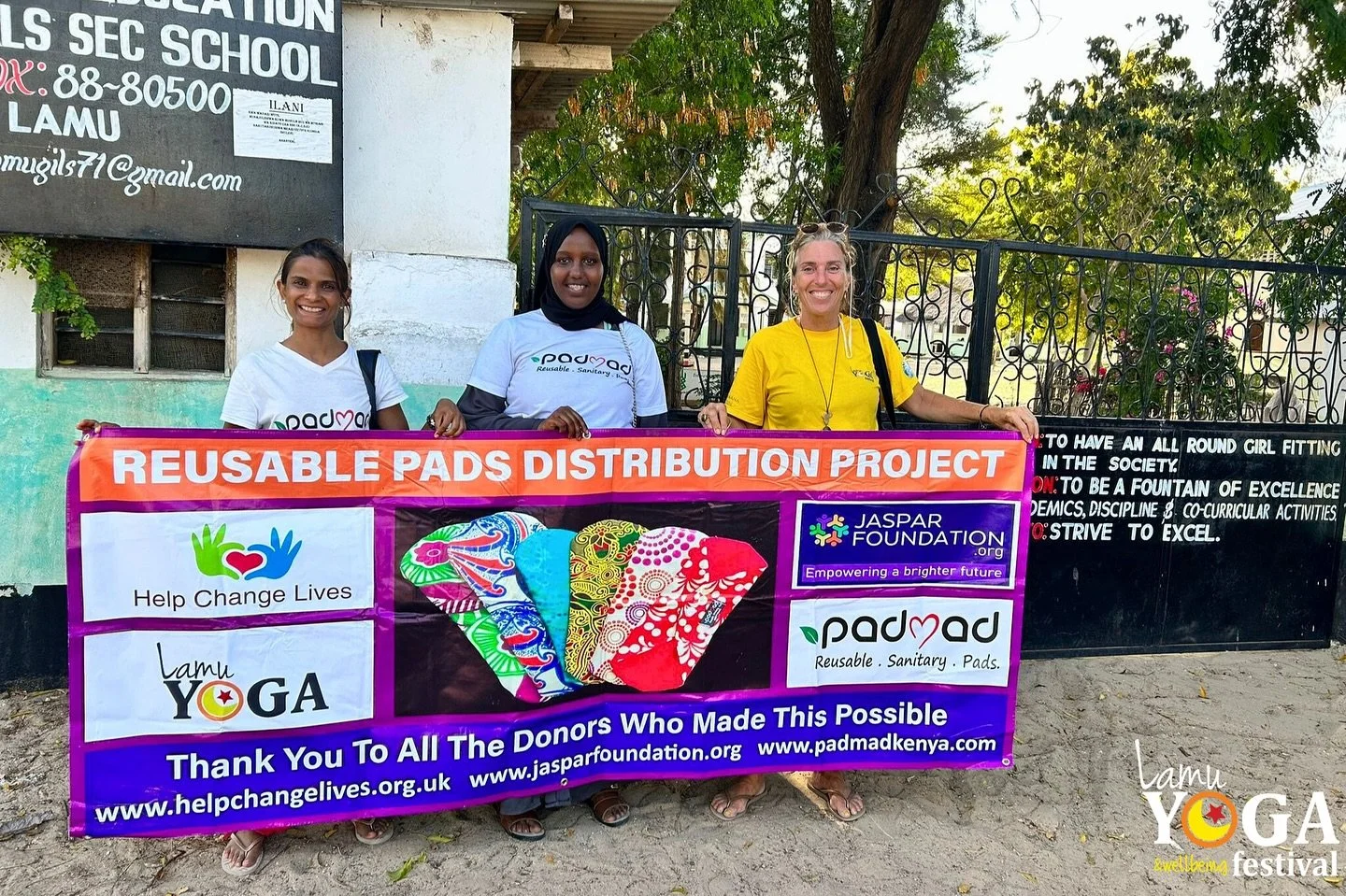 Giving Back Together
Your participation helps support local initiatives:
&bull; Over 30,000 reusable pads distributed to girls across Lamu to end period poverty.
&bull; Free weekly community yoga classes for schools and youth centers.
Your presence h