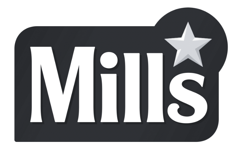 Logo med ordet "Mills" og en hvit stjerne i øvre høyre hjørne.