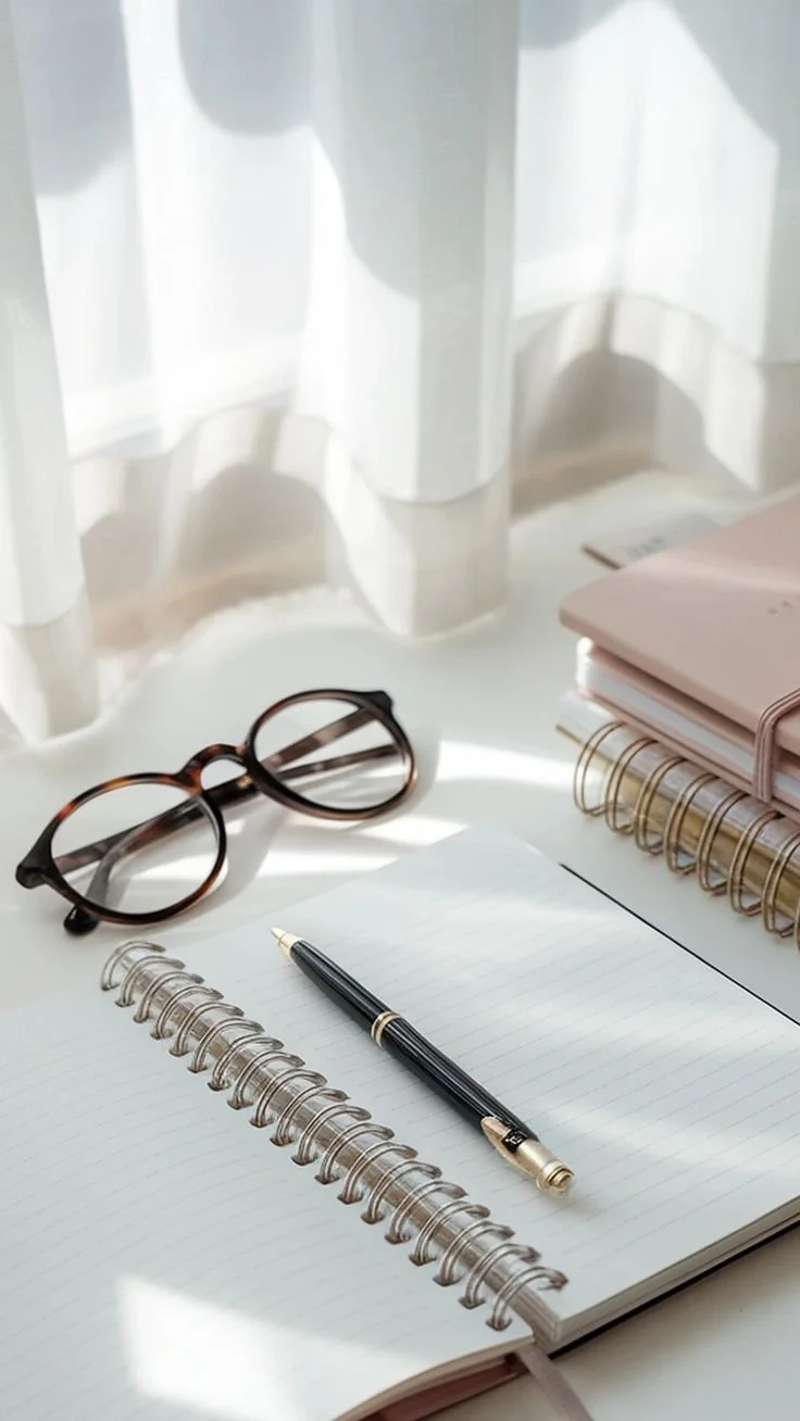 Open notebook with glasses on a desk.