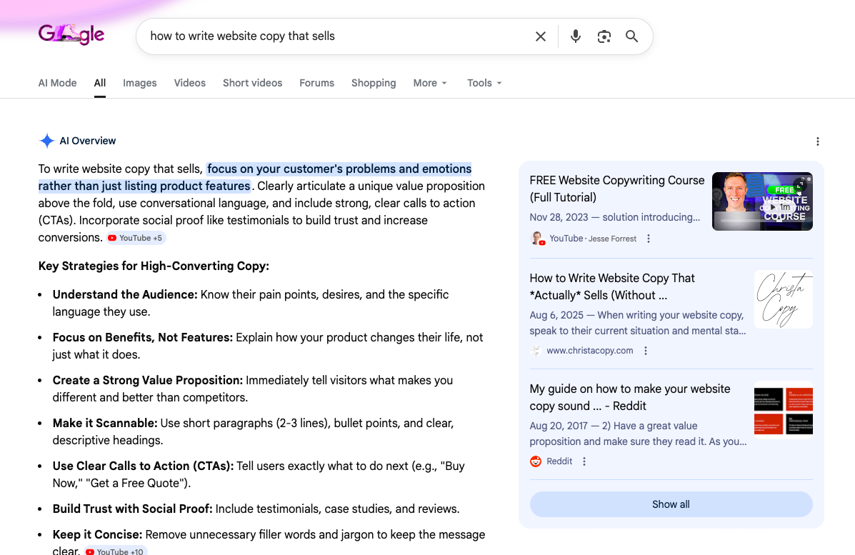 My blog post "how to write website copy that sells" showing up in the AI overview on Google.