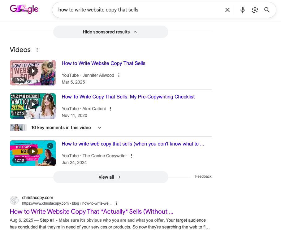 My blog post "how to write website copy that sells" ranking #1 on Google.
