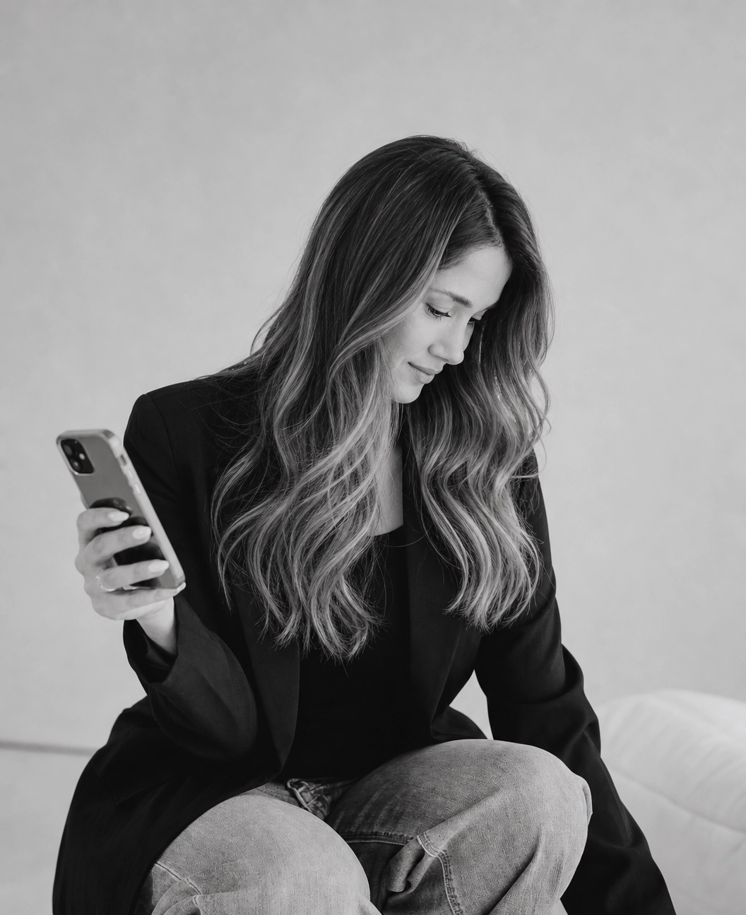 Black and white photo of a woman with long, wavy hair looking down while holding a smartphone in her right hand. She is seated and wearing a dark blazer and jeans.