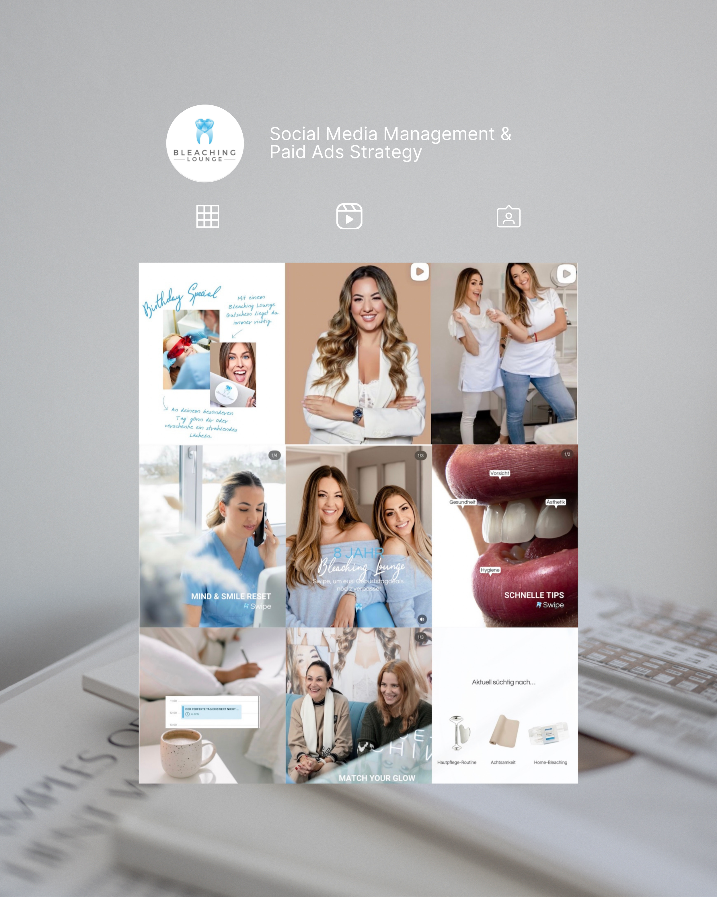 A collage of images related to a company or event called Bleaching Lounge, featuring smiling women, medical or dental themes, beauty and skincare tips, and products for skin care routines.