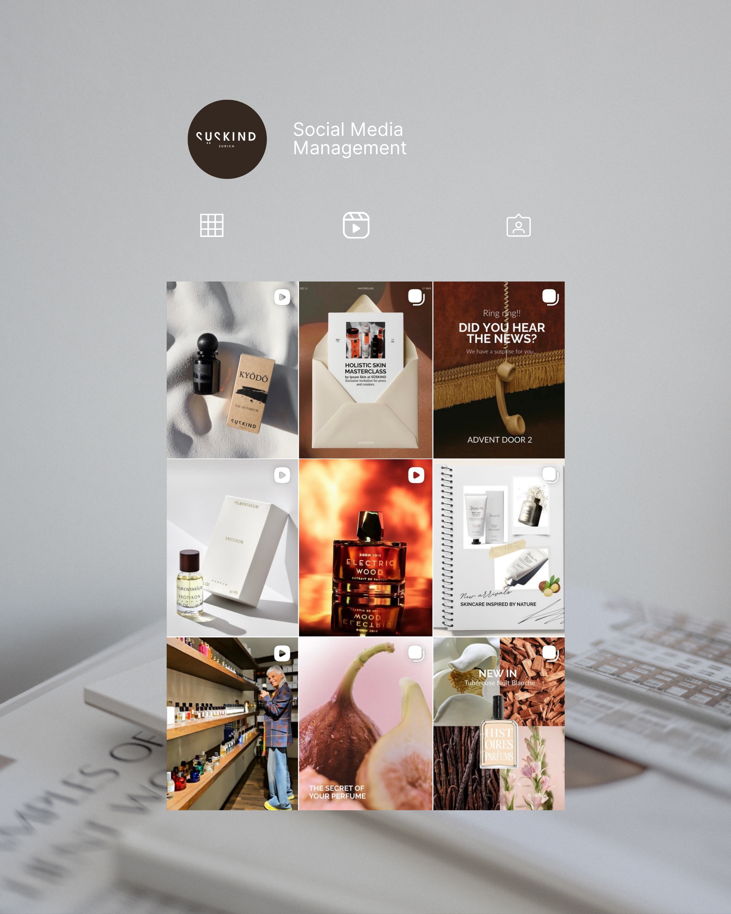 Screenshot of a social media management app displaying various posts, including products like perfumes, skincare items, and other beauty products, with some posts featuring people and store shelves.
